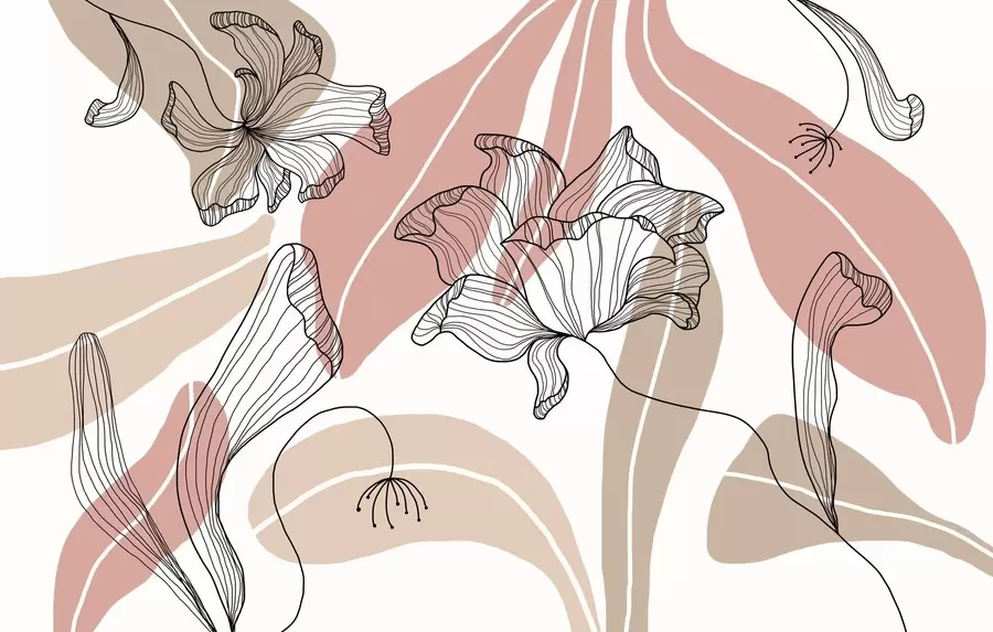 murales de pared hojas y flores abstractas en tonos empolvados y beige w04499