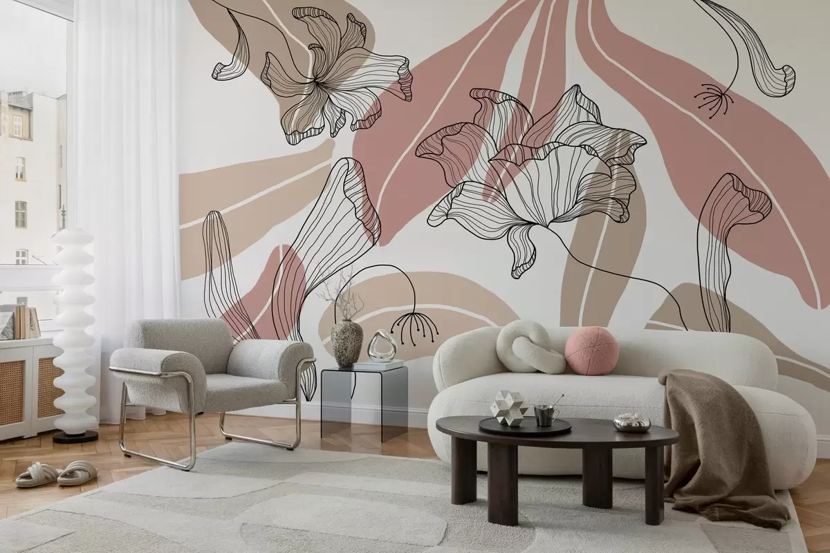 murales de pared hojas y flores abstractas en tonos empolvados y beige w04499