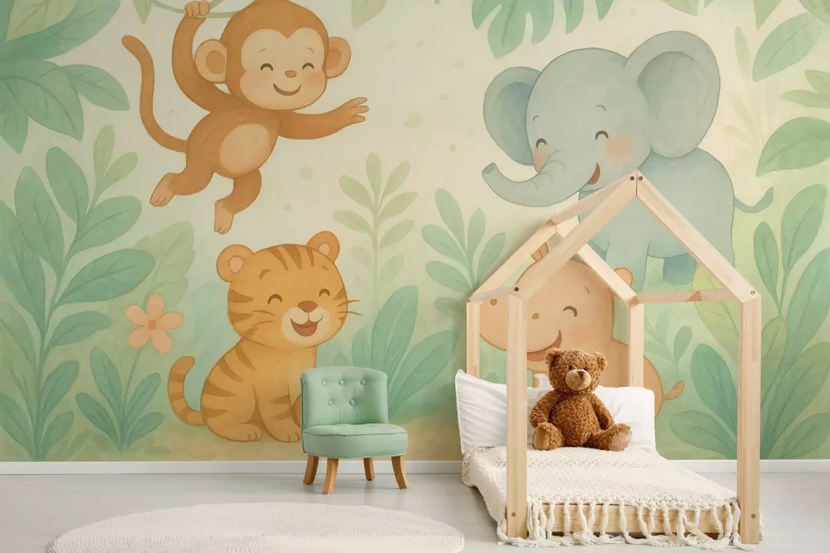 murales de pared animales bebés adorables en la selva w04622