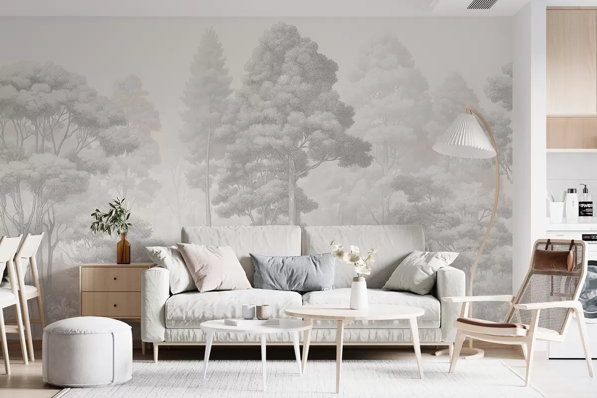 murales de pared Paisaje forestal artístico en la técnica del sombreado gráfico en blanco y negro w09411