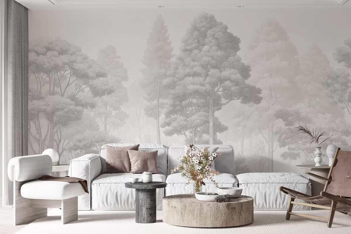 murales de pared Paisaje forestal artístico en la técnica del sombreado gráfico en blanco y negro w09411