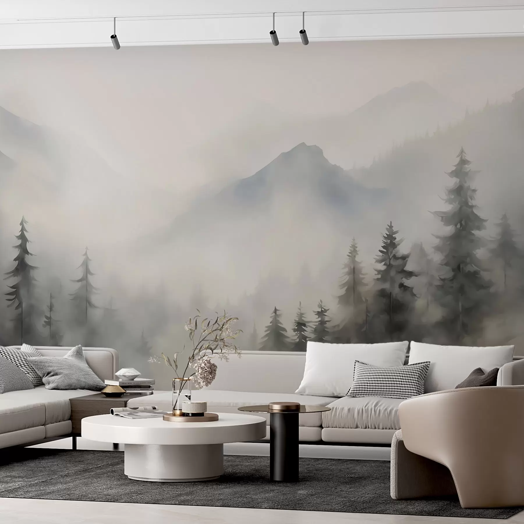murales de pared Bosque en la niebla con las montañas como telón de fondo w04493