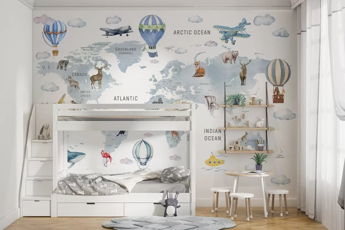 murales de pared Mapa mundial infantil con animales w04636v1