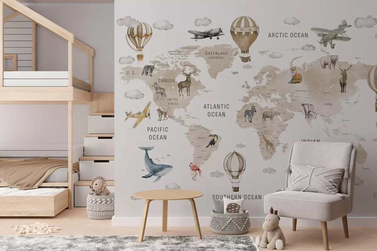 murales de pared Mapa mundial infantil con animales w04636v2