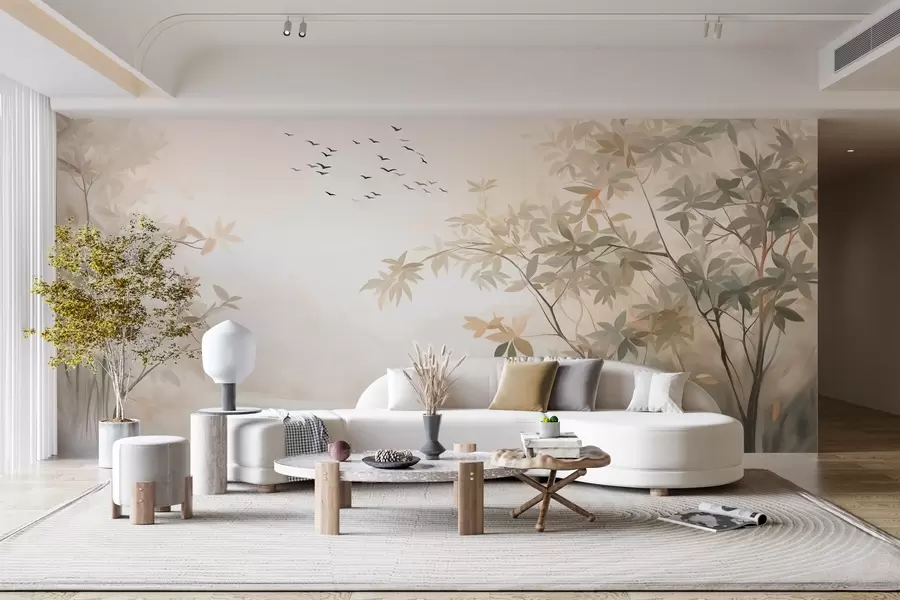 murales de pared Paisaje texturizado con árboles y una bandada de pájaros volando en el cielo, colores pastel, escena natural w09418