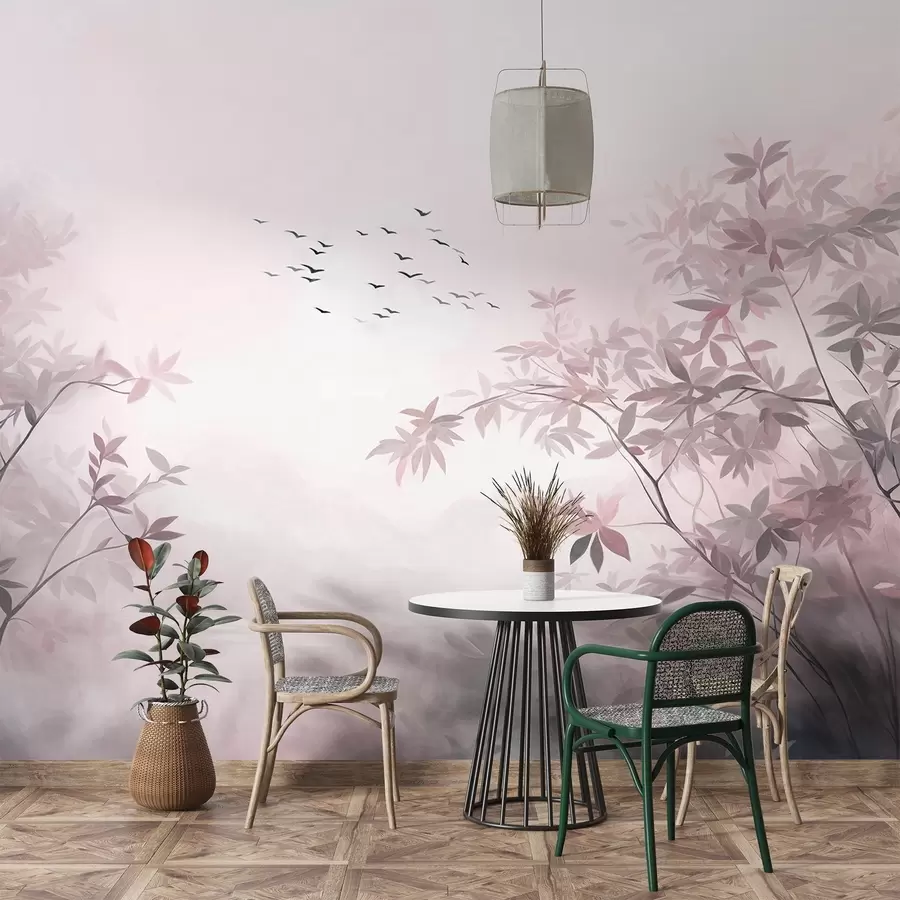 murales de pared Paisaje texturizado con árboles y una bandada de pájaros volando en el cielo, colores pastel, escena natural w09418v1