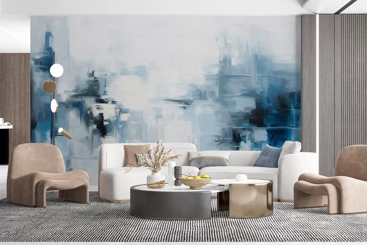 murales de pared Imitación de pintura abstracta de paisaje con textura y pinceladas azules y blancas, estilo moderno w09422