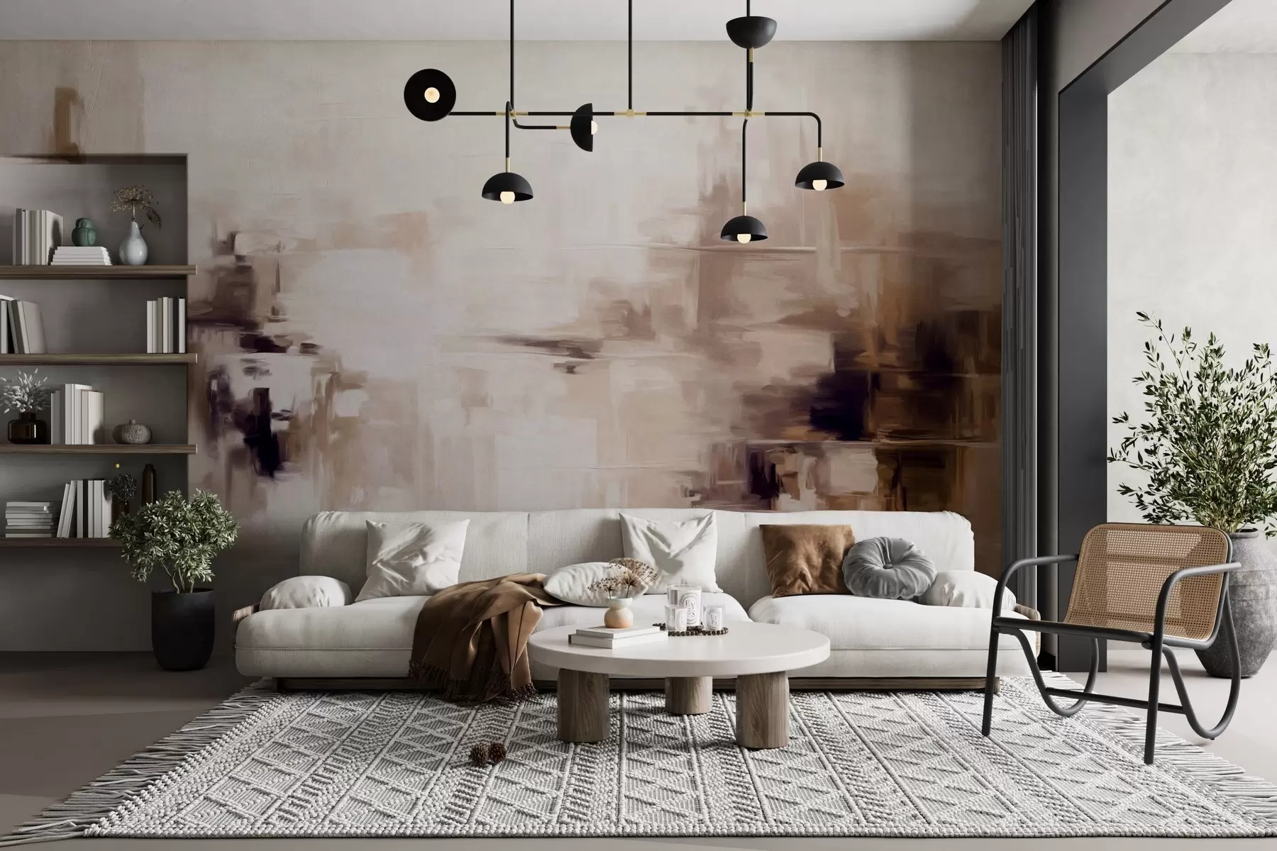 murales de pared Imitación de pintura abstracta de paisaje con textura, con pinceladas marrones y blancas, estilo moderno w09422v1
