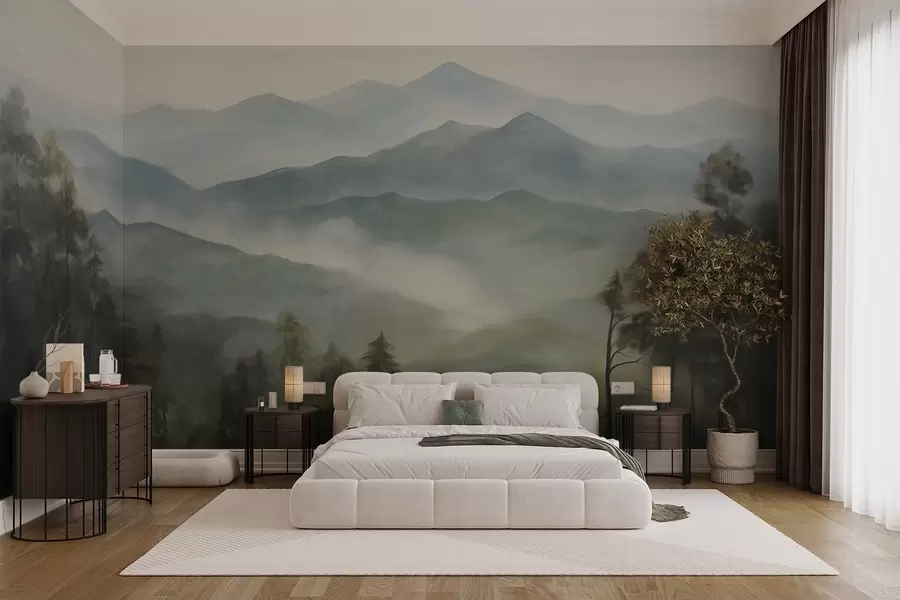 murales de pared Cordillera brumosa con árboles, niebla, cielo nublado, colores apagados, estilo de pintura paisajística w09424
