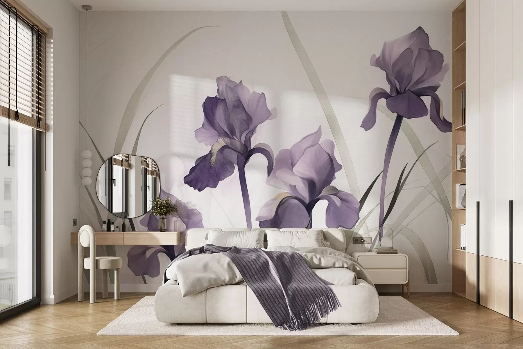 murales de pared Flores de iris moradas con tallos verdes, estilo acuarela, fondo blanco, colores suaves, elegante, artístico w09425