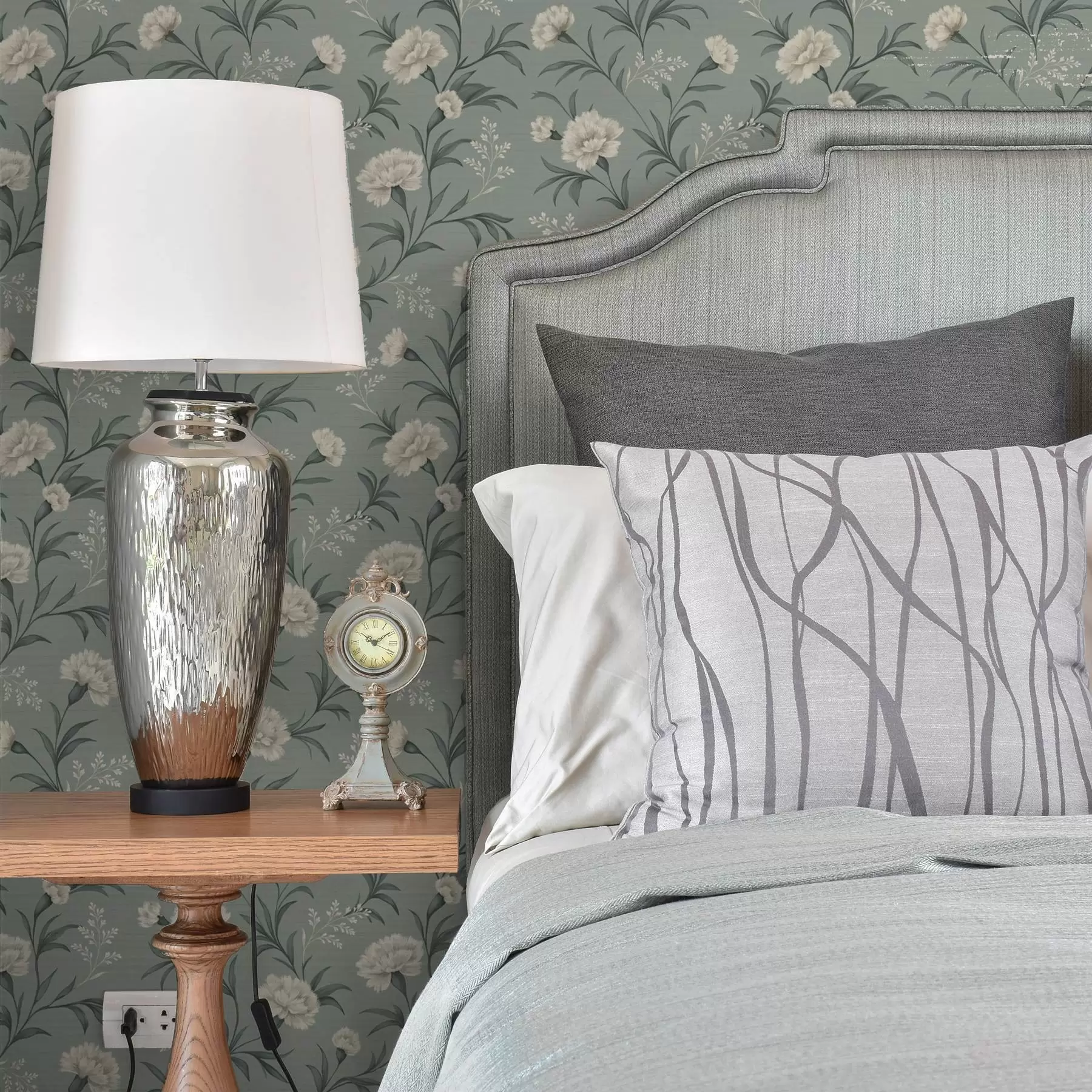 murales de pared Claveles en polvo sobre fondo gris verdoso, estampado refinado a00610