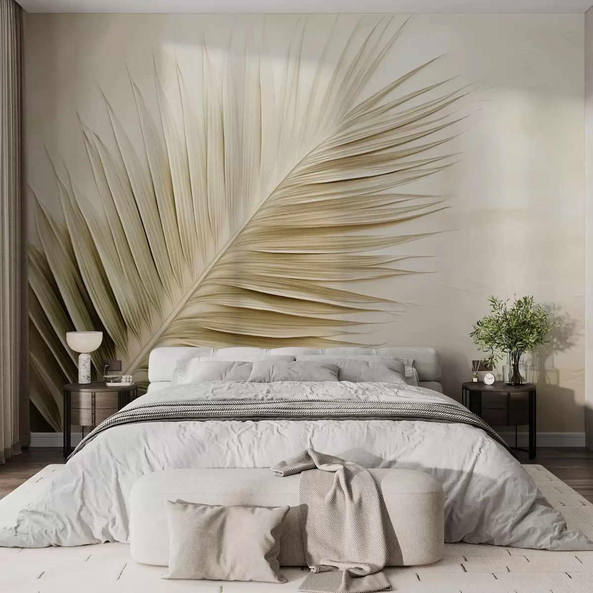 murales de pared Hoja de palmera beige sobre fondo de textura suave w04618
