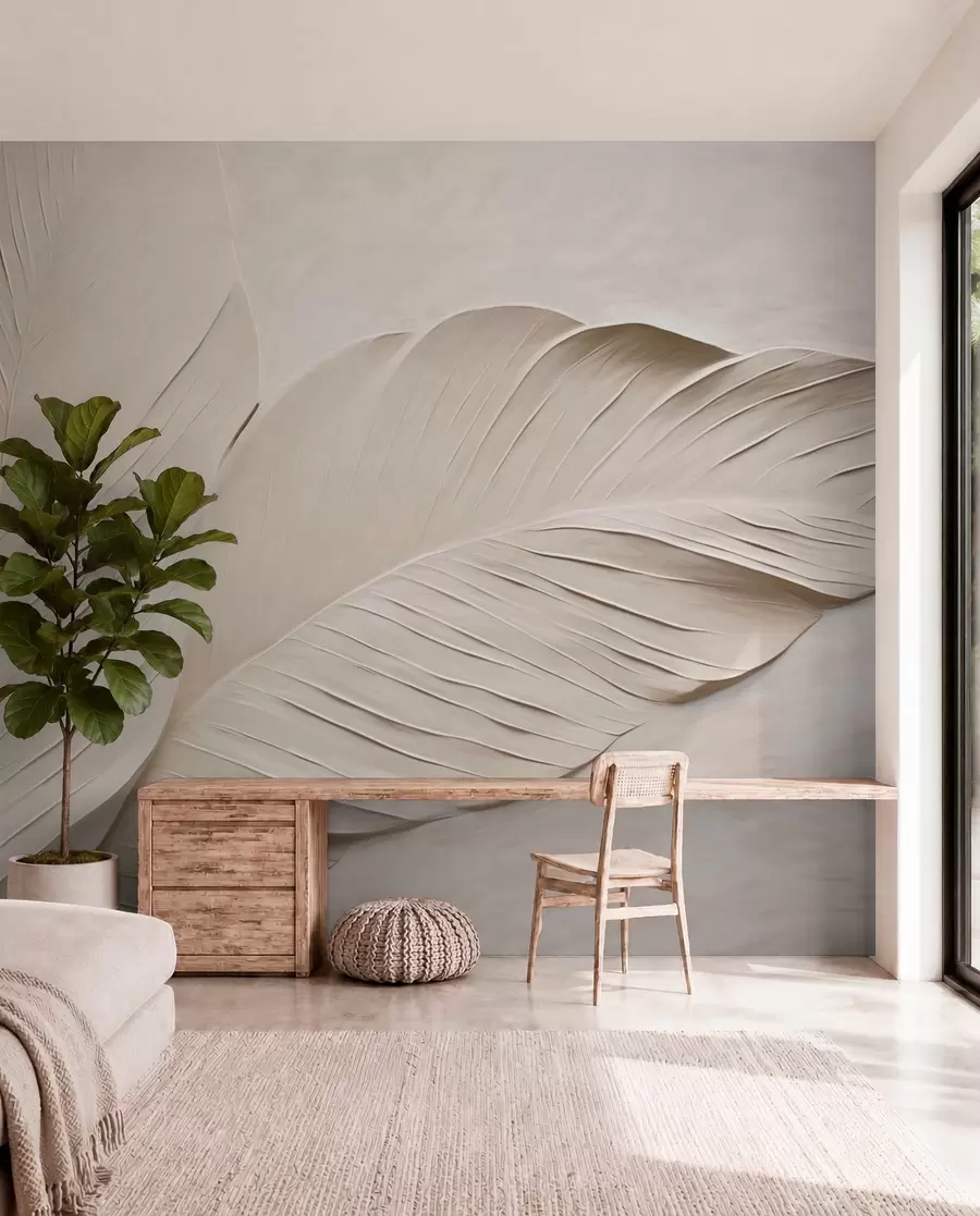 murales de pared Hojas beige en relieve con sombras suaves w04614