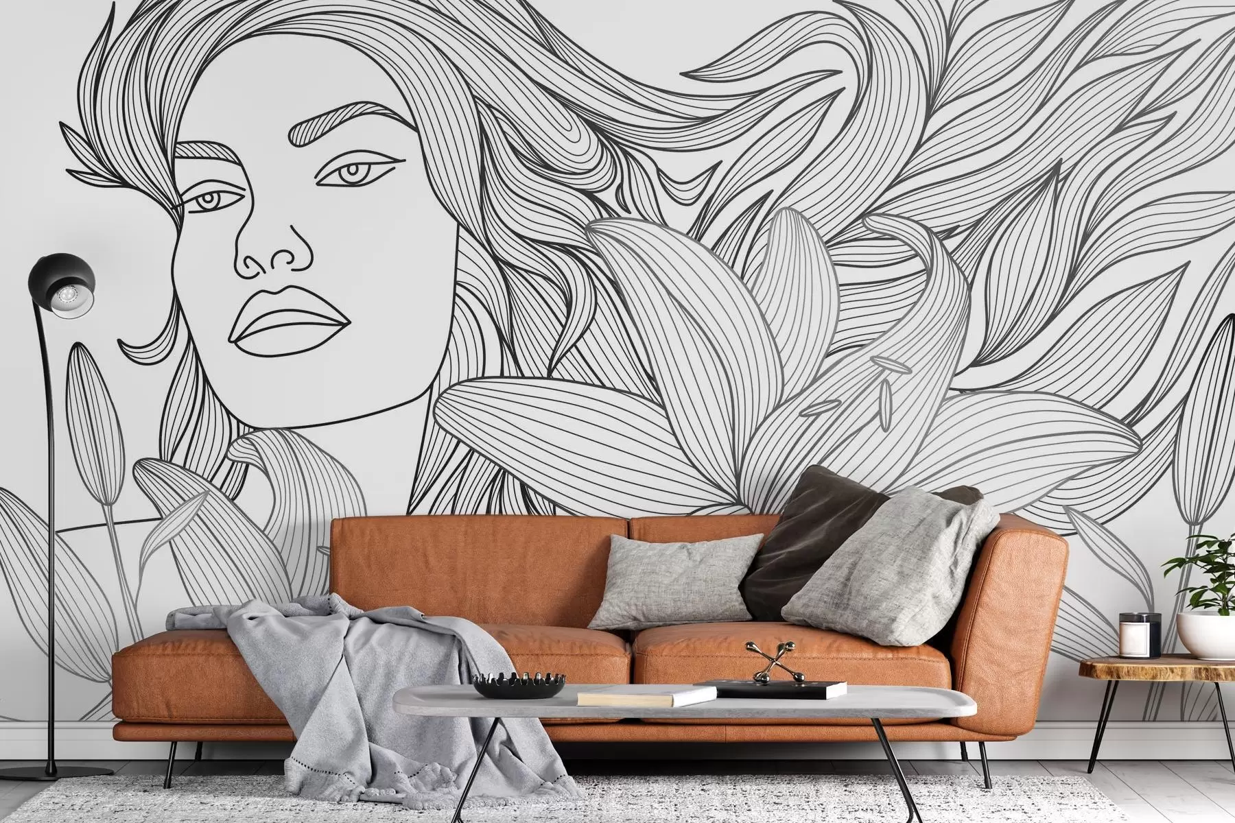 murales de pared Retrato de una niña entre flores de lirio w04689