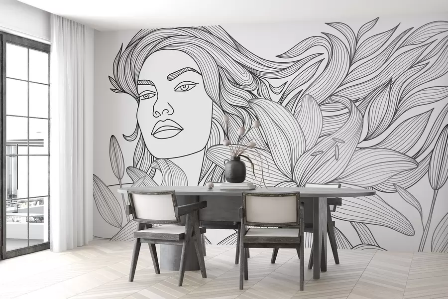 murales de pared Retrato de una niña entre flores de lirio w04689