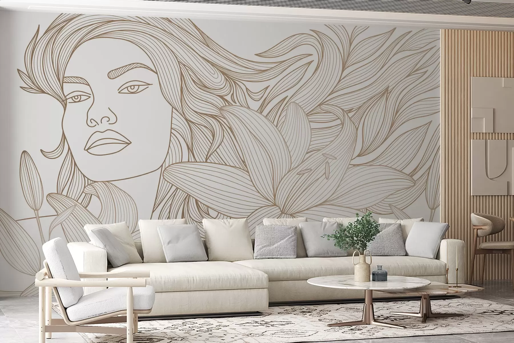 murales de pared Retrato de una niña entre lirios en tonos beige w04689v1