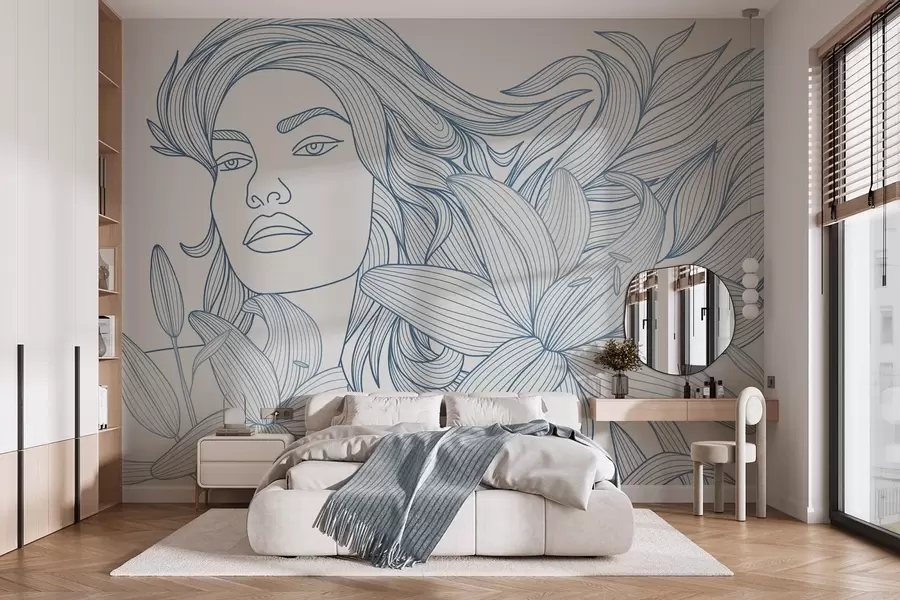 murales de pared Retrato de una niña entre lirios en tonos azules w04689v2