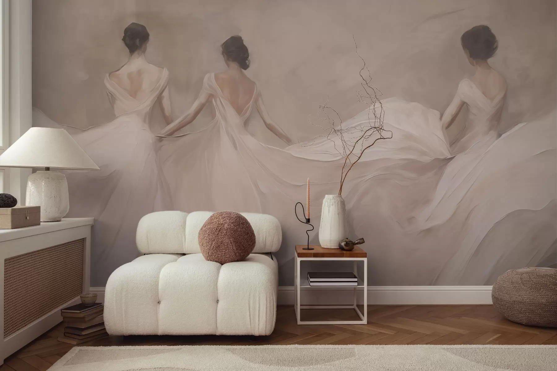murales de pared Tres mujeres con vestidos rosas, tela fluida, suavidad w04709