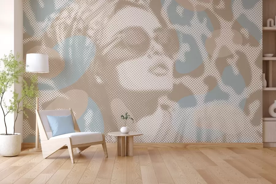 murales de pared retrato de una mujer sobre un fondo de leopardo en estilo punteado en tonos beige y azul w04630