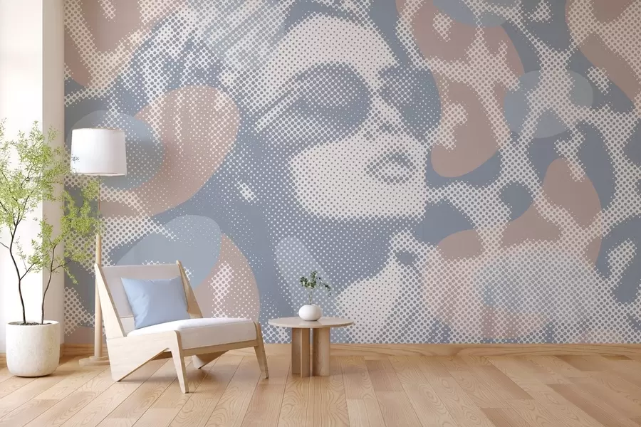 murales de pared retrato de una mujer sobre un fondo de leopardo en estilo punteado en tonos azules w04630v1