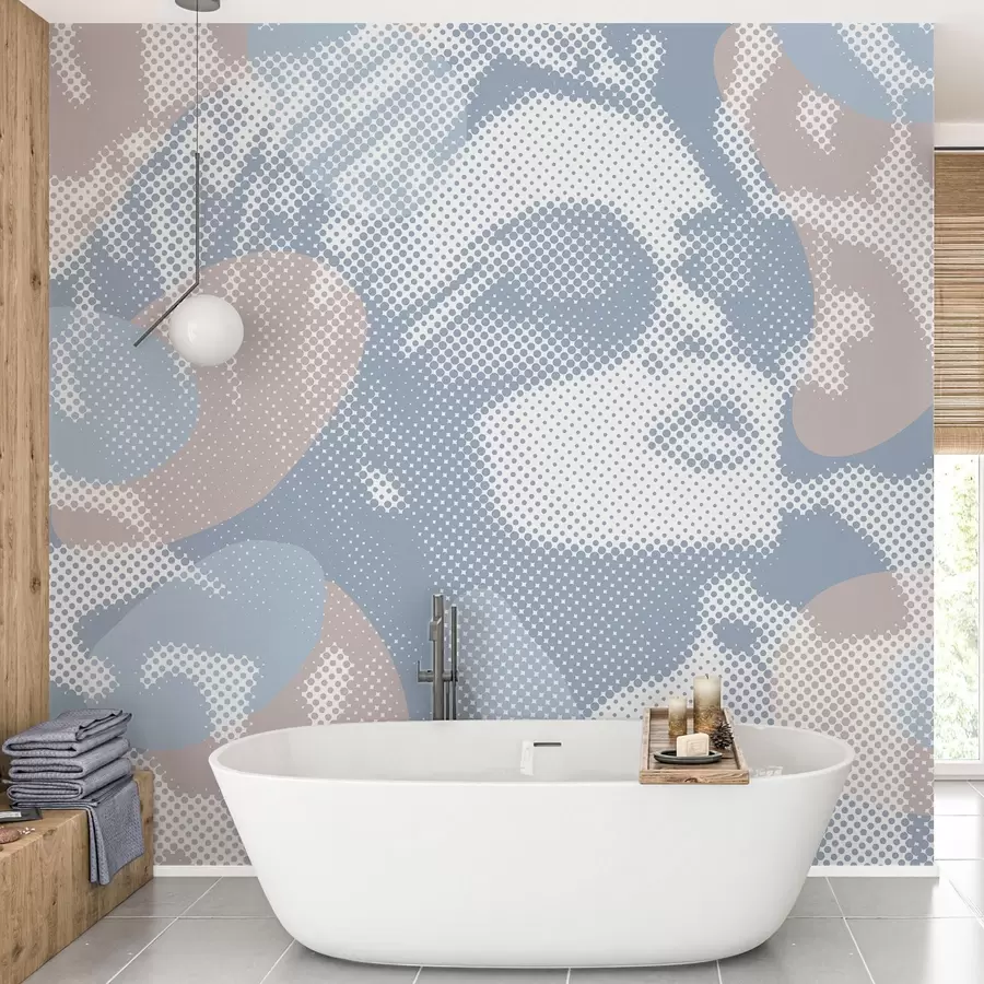 murales de pared retrato de una mujer sobre un fondo de leopardo en estilo punteado en tonos azules w04630v1