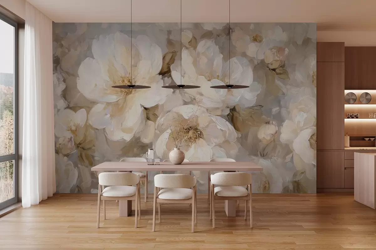 murales de pared flores grandes en tonos blancos y beige al estilo de la pintura al óleo w04633