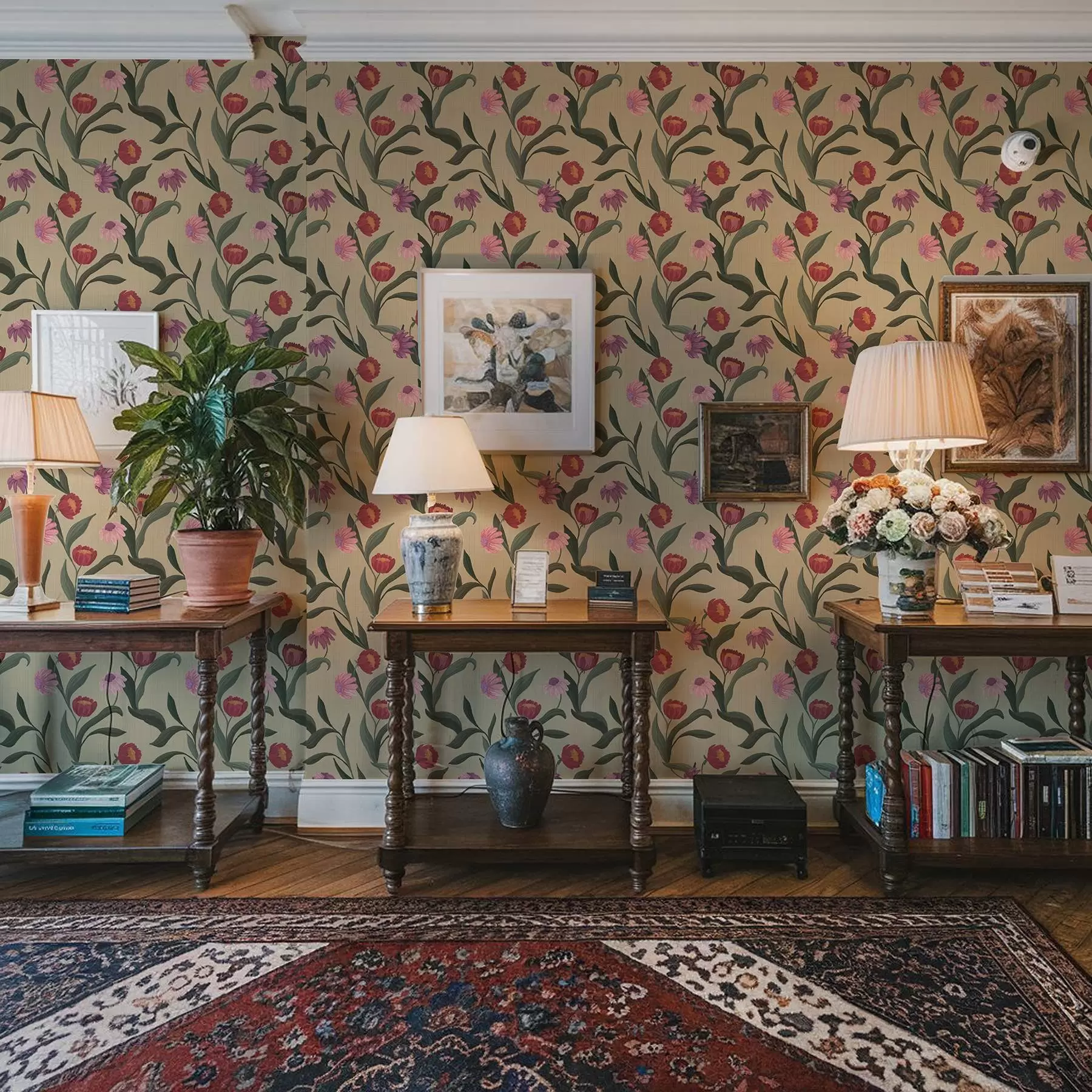 murales de pared Flores de color rosa rojizo sobre fondo beige, textura dibujada a mano a00631