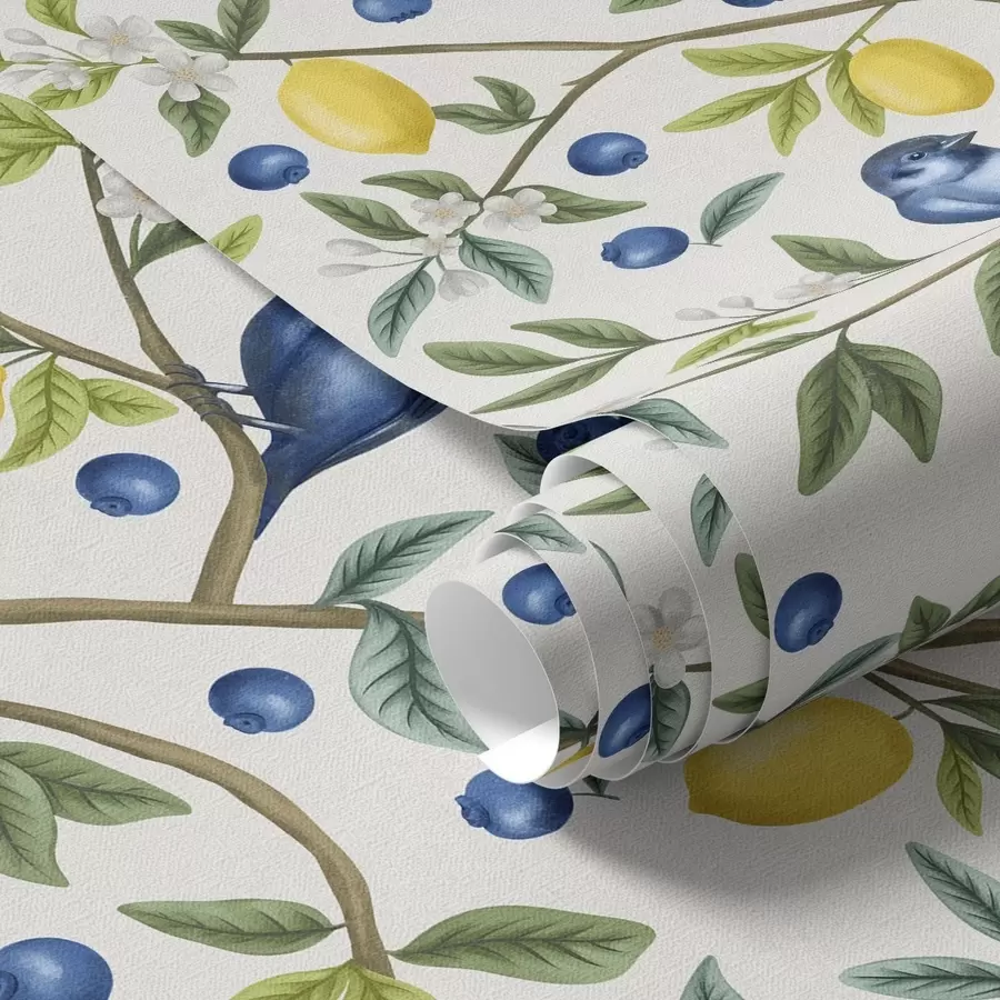 murales de pared Pájaros azules, limones y bayas sobre fondo blanco a00668