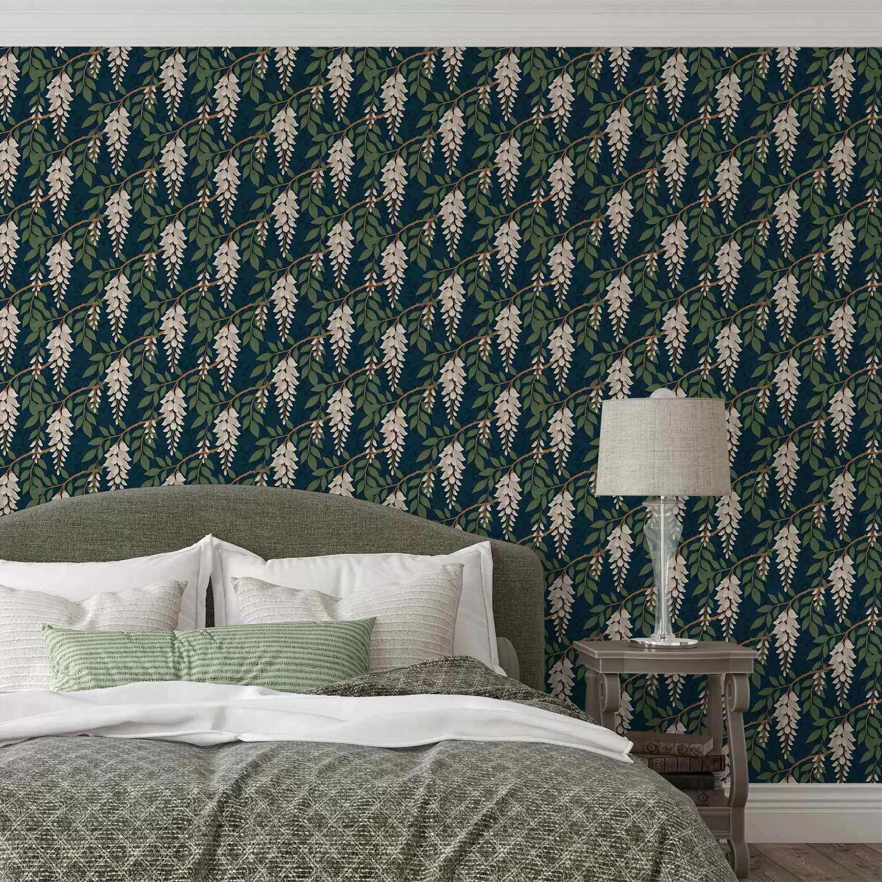 murales de pared Glicinia marfil sobre fondo verde azulado intenso a00694v1