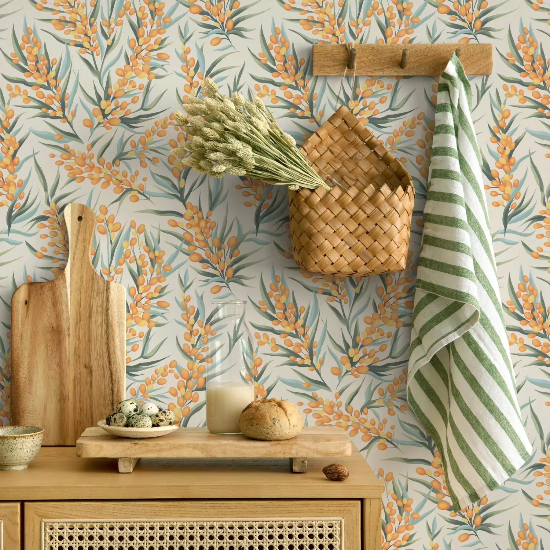 murales de pared Ramas de espino amarillo con bayas naranjas, fondo claro a00792