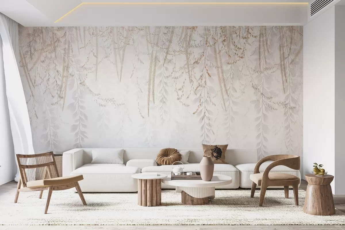 murales de pared Hojas y ramas ligeras colgantes en tonos beige w09433