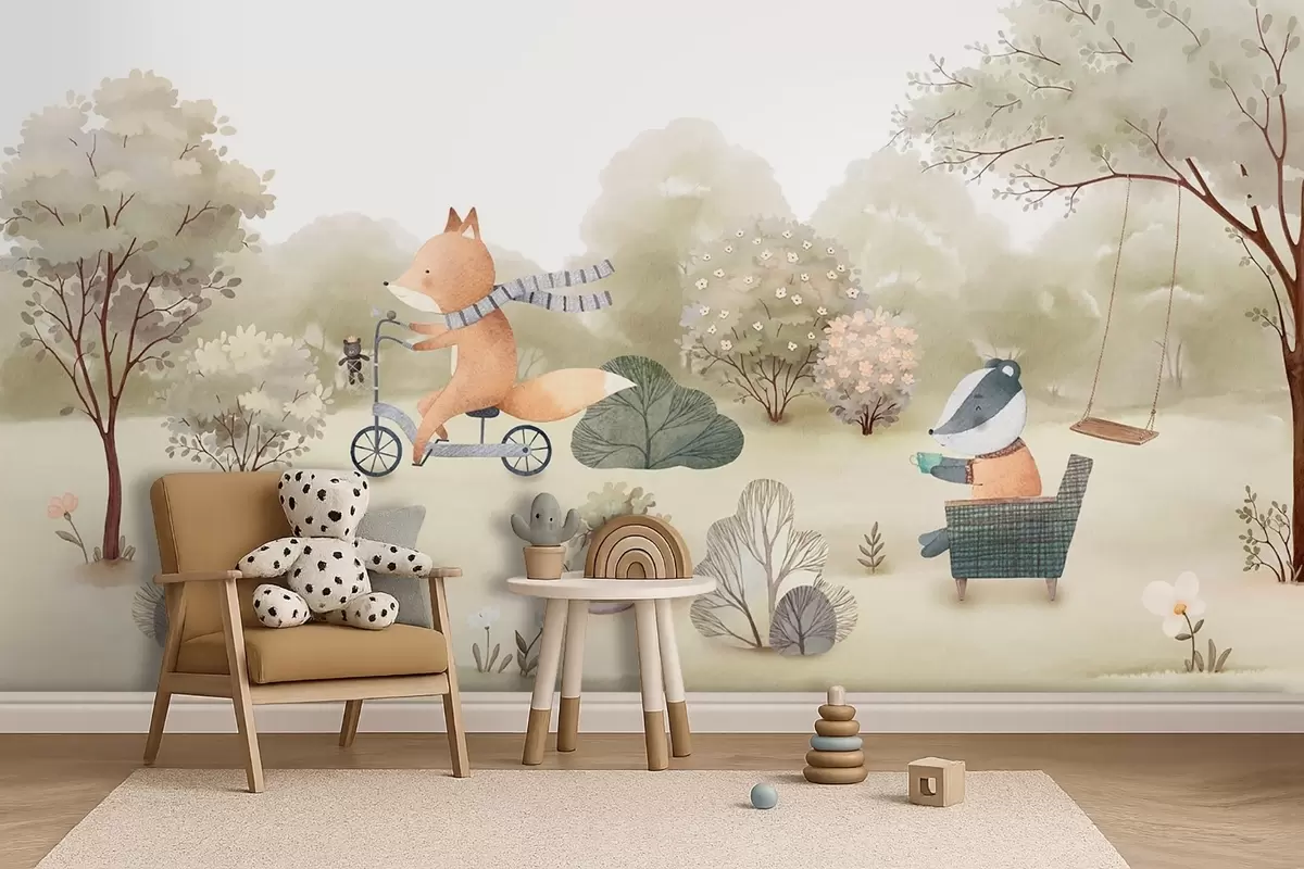 murales de pared Zorro en bicicleta y tejón con té, animales del bosque en estilo acuarela w09439