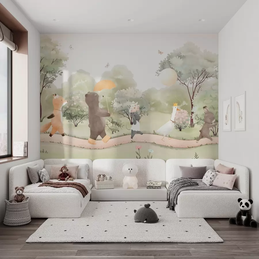 murales de pared Viaje festivo de pequeños animales por el bosque en estilo acuarela w09440