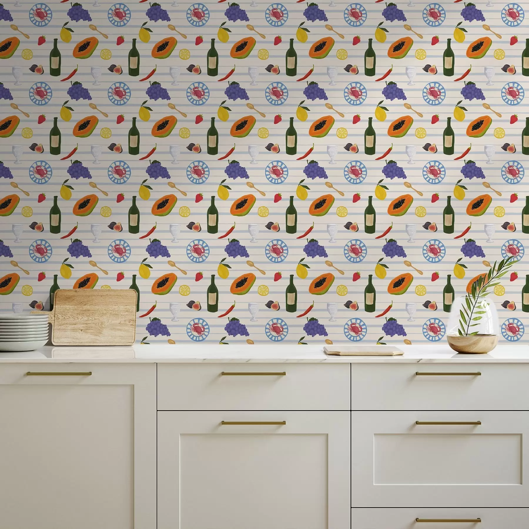 murales de pared Lámina de cocina con frutas, vasos y platos a00638