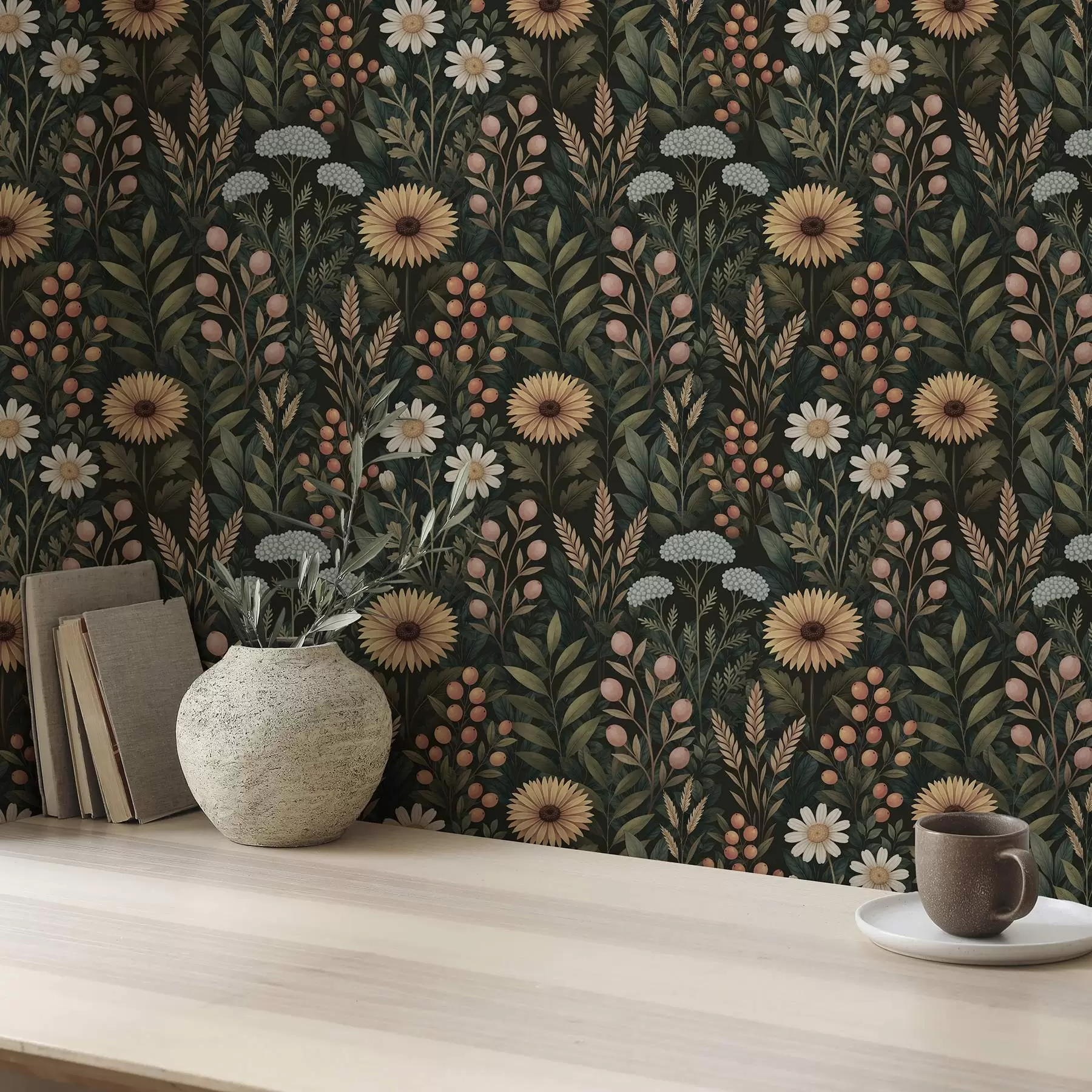 murales de pared Flores silvestres y bayas sobre fondo oscuro, adorno natural a00707