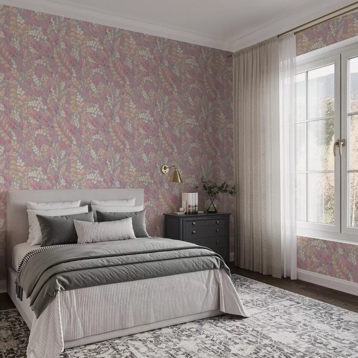 Papel pintado Ramitas en tonos pastel con follaje rosa-melocotón sobre fondo gris a00799v1