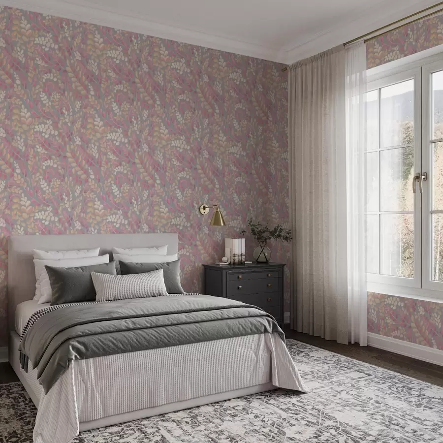 murales de pared Ramitas en tonos pastel con follaje rosa-melocotón sobre fondo gris a00799v1