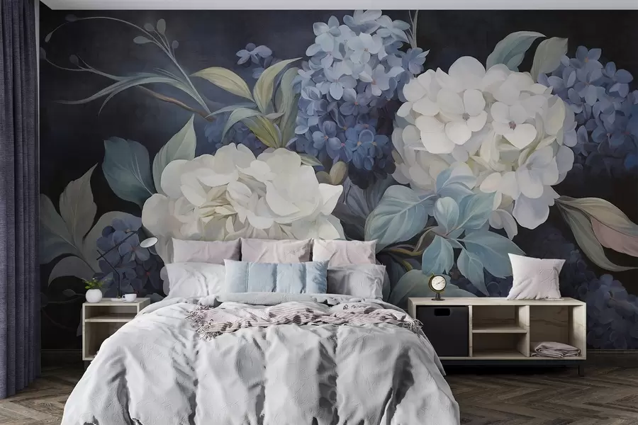 murales de pared Pintura texturizada en azul oscuro imitando flores de hortensias con hojas grandes, fondo abstracto y oscuro w09465v1