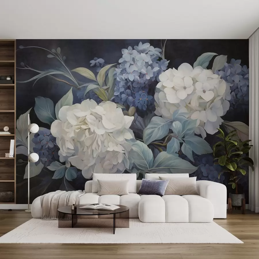 murales de pared Pintura texturizada en azul oscuro imitando flores de hortensias con hojas grandes, fondo abstracto y oscuro w09465v1