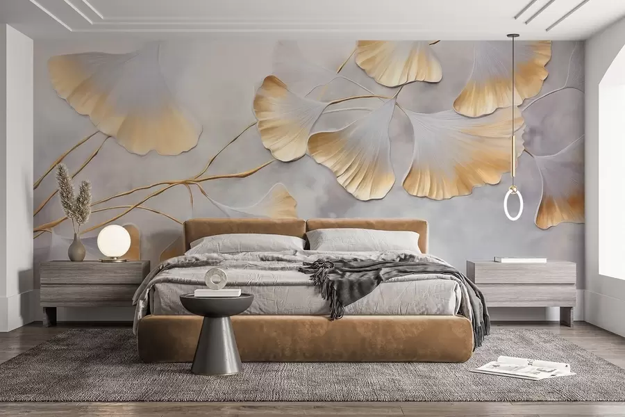 murales de pared Hojas de ginkgo biloba con bordes amarillos en una rama, fondo gris texturizado, diseño elegante y minimalista w09472
