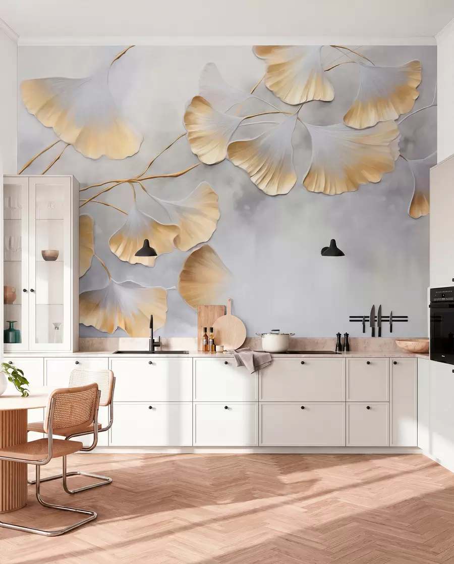murales de pared Hojas de ginkgo biloba con bordes amarillos en una rama, fondo gris texturizado, diseño elegante y minimalista w09472