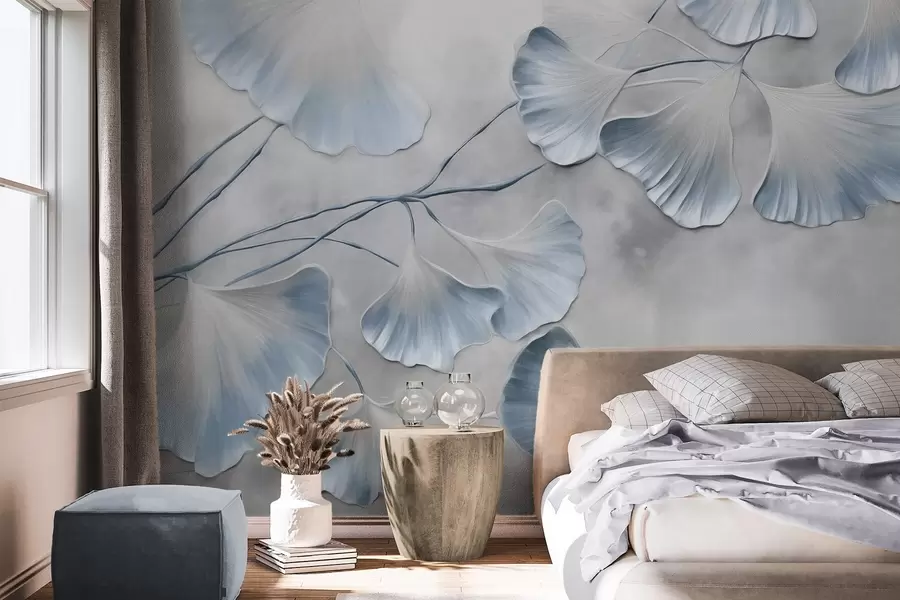 murales de pared Hojas de ginkgo biloba con bordes azules en una rama, fondo gris texturizado, diseño elegante y minimalista w09472v1