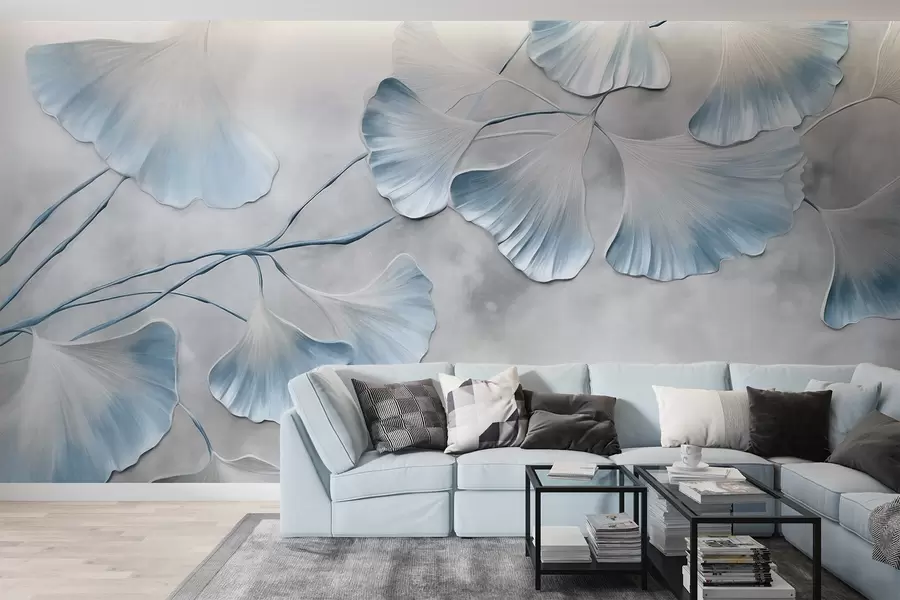 murales de pared Hojas de ginkgo biloba con bordes azules en una rama, fondo gris texturizado, diseño elegante y minimalista w09472v1