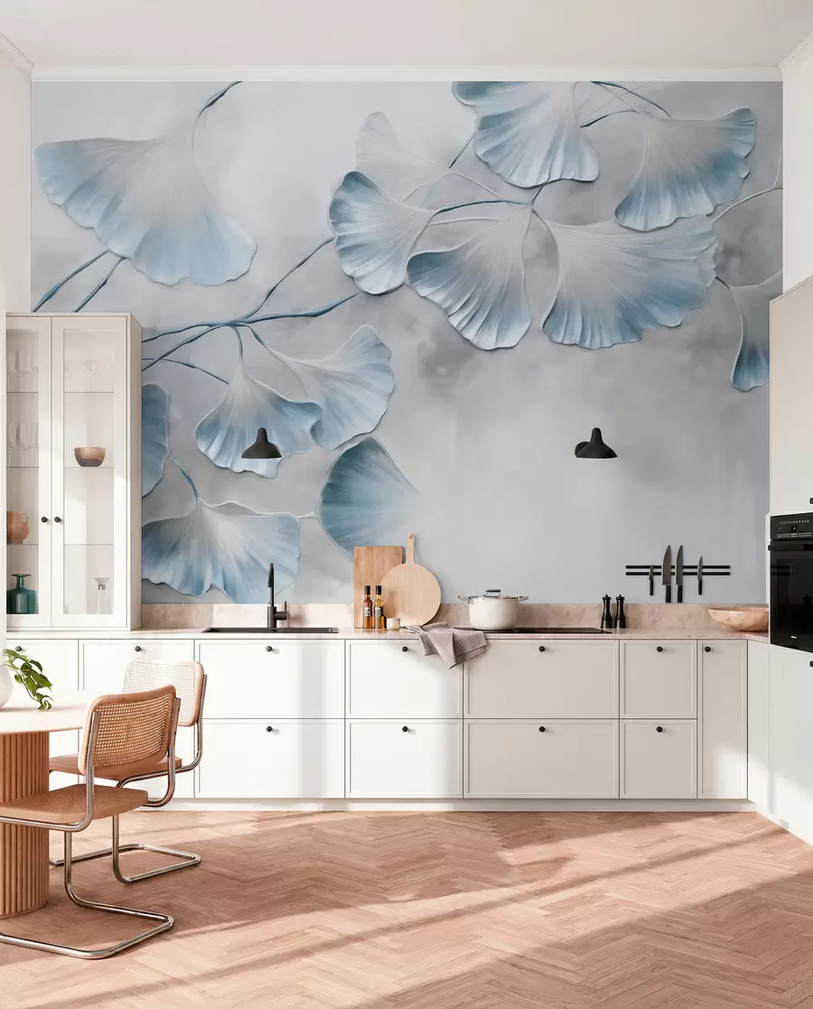 murales de pared Hojas de ginkgo biloba con bordes azules en una rama, fondo gris texturizado, diseño elegante y minimalista w09472v1