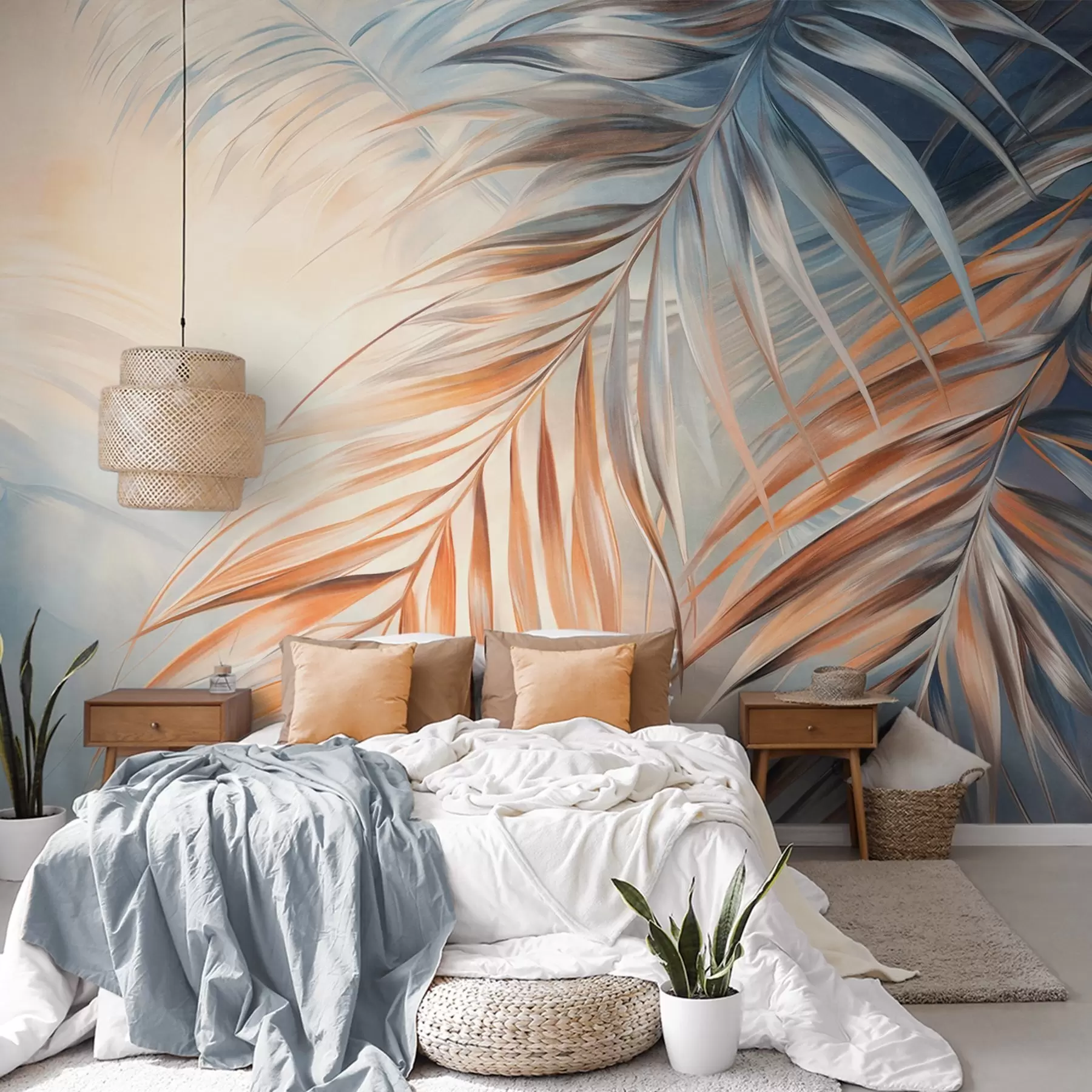 murales de pared Hojas de palmera con tonos naranjas y azules, fondo con textura ligera y colores suaves, elegante estilo tropical w09475