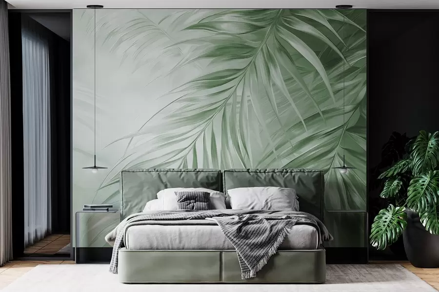 murales de pared Hojas de palmera con tonos verdes, fondo con textura ligera y colores suaves, elegante estilo tropical w09475v2