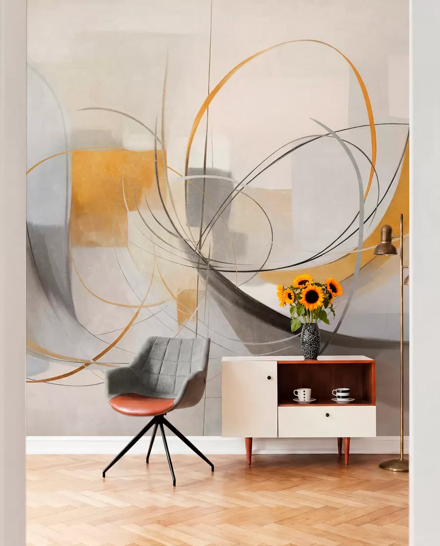 murales de pared Estilo pictórico moderno abstracto con texturas, líneas curvas y formas geométricas en tonos grises, blancos y naranjas w09476