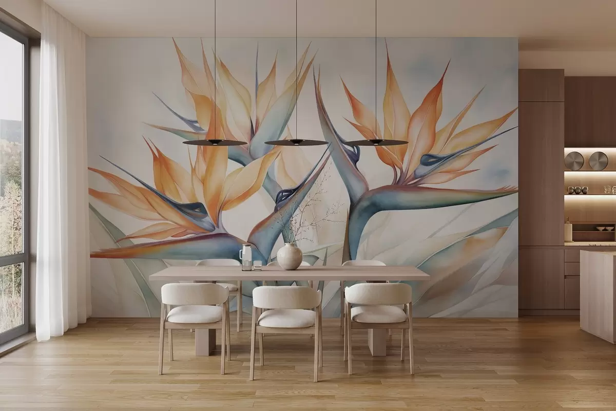 murales de pared Flor del ave del paraíso, strelitzia con pétalos naranjas, estilo texturizado en acuarela suave, fondo claro w09483