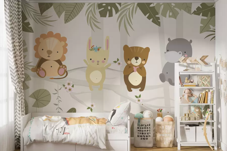 murales de pared Lindo león, conejo, oso e hipopótamo entre las hojas w04682