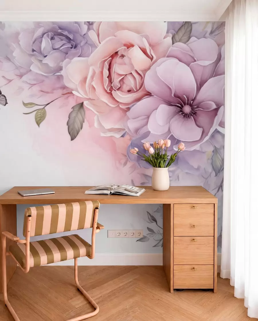murales de pared Delicadas flores rosas y lilas con una mariposa w04711